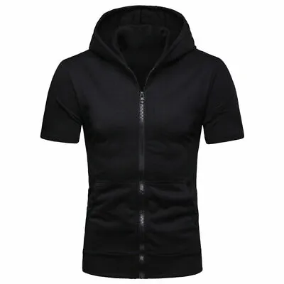 Hot Mens Zip Up Hoodie Blouse Short Sleeve Hooded Zipper Sweatshirt Jacket Tops • $120
