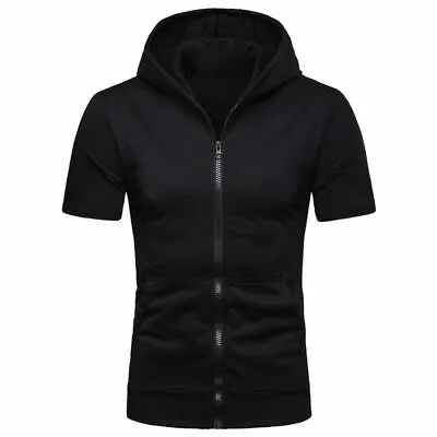 Mens Zip Up Hoodie Blouse Short Sleeve Hooded Zipper Sweatshirt Jacket Tops Hot • $15.88