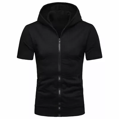 Mens Zip Up Hoodie Blouse Short Sleeve Hooded Zipper Sweatshirt Jacket Tops New • $15.58