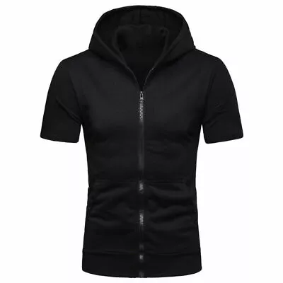 New Mens Zip Up Hoodie Blouse Short Sleeve Hooded Zipper Sweatshirt Jacket Tops • $16.66