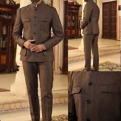 Handsome Dark Brown Men's Safari Jacket Formal Business Wedding Groom Tuxedo 2pc • $65.58