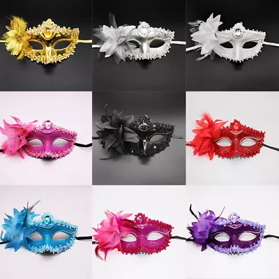 Venetian Masquerade Mask Feather Flower Half Face Fox Eye Mask Party Prom Decor • £3.83