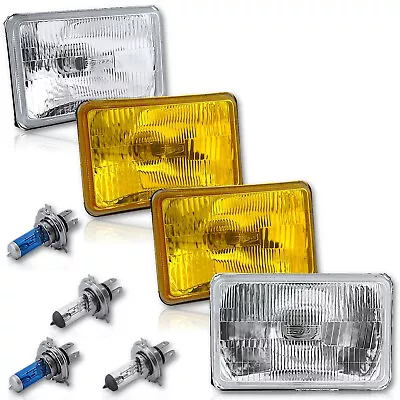 4X6  Halogen Stock Clear & Yellow Glass Lens Metal Headlight H4 Light Bulb Set • $109.95