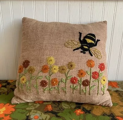 Vintage 70's Crewel Embroidery Bumble Bee And Flowers Fiber Yarn Art Pillow • $35