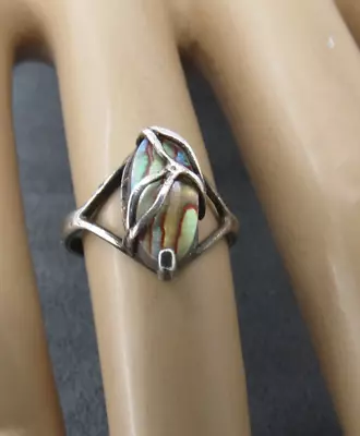 Abalone Sterling Silver Ring Shell Stone Size 5 Fancy Leaf Motif 13mm High 1.55g • $29