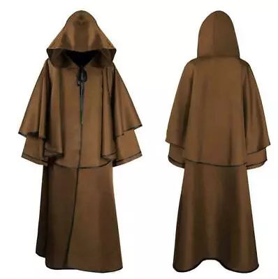 Mens Medieval Hooded Long Robe Cloak Monk Cosplay Costume Poncho Coat Halloween • $38.94