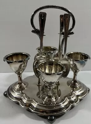 Vintage 4 Cup/Spoon Silverplate Egg Cup Coddler Set Petal Design Scalloped Base • $36.95