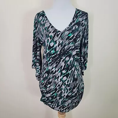 Miss Tina Women's Gray Green 3/4 Bell Sleeve Stretch Blouse Size Small V Neck  • $3