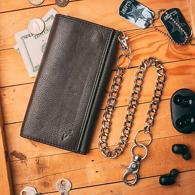 RFID Safe Leather Trifold Chain Wallet For Men Dark Brown Long Checkbook J312B • $24.99