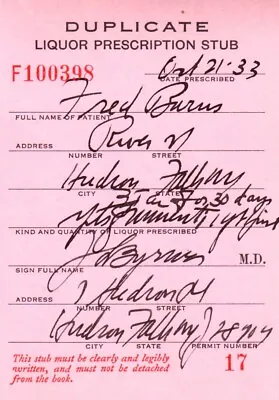 Prohibition Whisky Prescription Doctor Stub Bar Burns Hudson Falls NY 10/21 1933 • $30