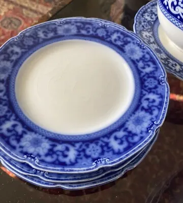 5 FLOW BLUE & WHITE  BREAD & BUTTER PLATES GRINDLEY GLENMORE ENGLAND -6.5 Inches • $45