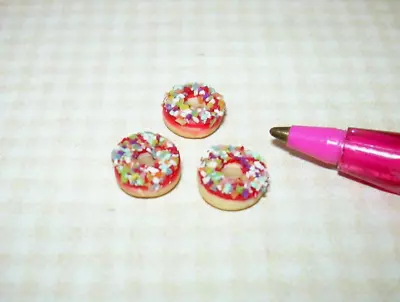 Miniature TS Christmas Donuts (3) W/Red Icing Colorful Topping - DOLLHOUSE 1:12 • $2.49