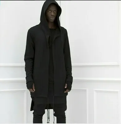 Mens Gothic Black Hooded Cardigan Jacket Punk Long Sleeve Mid-Length Cloak Coats • $30.92