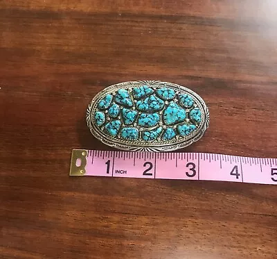 Antique Navajo Sterling Silver Turquoise Belt Buckle Signed By Wilford Nez • $188