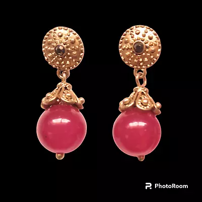 Vintage Gold Plated Ornate Dangle Earrings With Natural Ruby Drop • $16.62