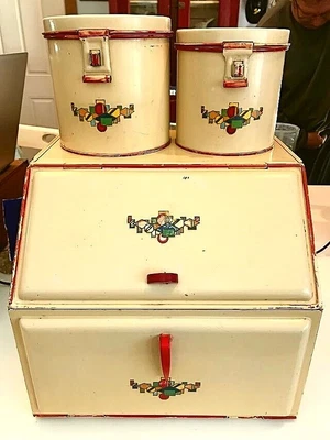 $90 • Buy KREAMER SET Metal Tin Bread Box Pie Safe & 2 Canisters Atomic Locking Hinged VTG