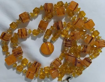 Vintage Orange Beads Necklace Signed Hong Kong Double Strand 19  Awesome Clasp • $10