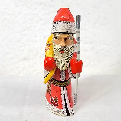 Christmas Wood Santa Hand Carved 4   Hand Painted Folk Art Yellow Sack Staff • $27.05