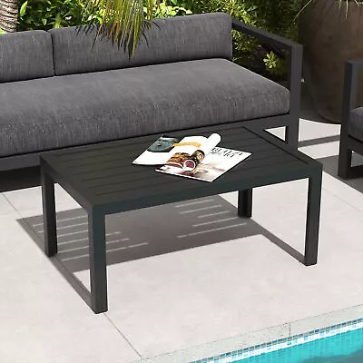 Outdoor Coffee Table Rectangle Patio Table With Steel Frame Slat Tabletop Black • £66.99