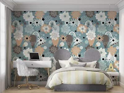 3D Cartoon Blue Floral Pattern Wallpaper Wall Murals Removable Wallpaper 69 • $163.09