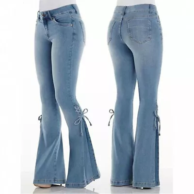 Womens Casual Lace Up Boot-cut Denim Jeans Stretch Flared Pants Bottoms Trousers • £26.99