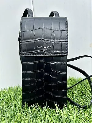 New Saint Laurent Sl Phone Holder W/crossbody Strap Croc Embossed Leather Black • $538.55