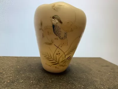 Victorian Burmese Custard Glass Ruffled Vase Enamel Bird Pontil Mt Washington? • $24