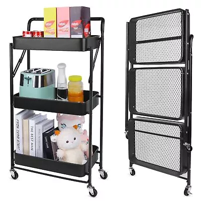 3 Tier Foldable Metal Utility Cart Organizer With Wheels Folding Rolling Car... • $41.94