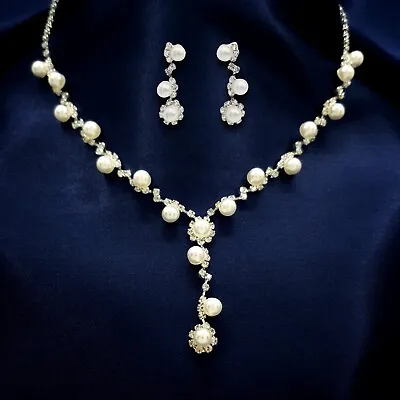 Pearl CZ Crystal Bridal Wedding Jewellery Set Earrings Necklace Prom Graduation • £3.95