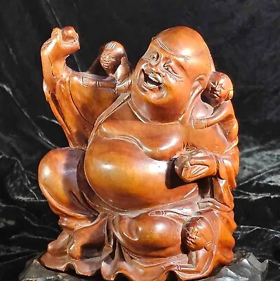 Vintage Chinese Laughing Smiling Buddha With Children Carved Boxwood Figure • £85.47