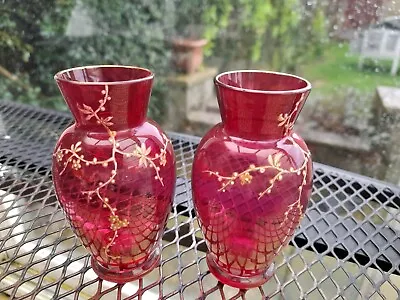 Pair Of Pretty Antique Cranberry Glass Vases With Enamel Work. VGC • £9.50