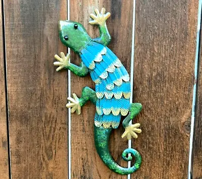 Metal Gecko Lizard Garden Wall Art Decor Colorful Blue Green Gold • $11.99
