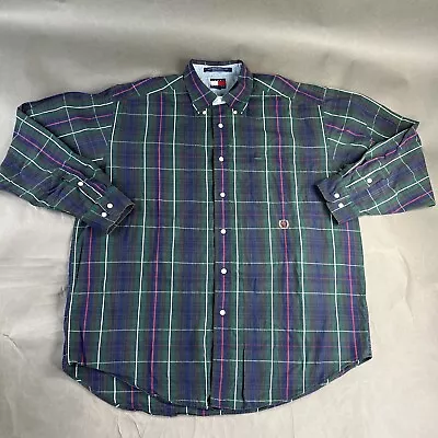 Vintage Tommy Hilfiger Shirt Large Green Mens Striped Button Down Cotton Used A7 • $19.99