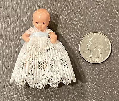 TINY 2” Vintage Dollhouse Miniature Jointed Baby Doll Fancy Lace Dress Nightgown • $39