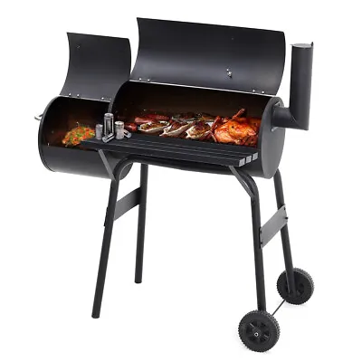 BBQ Smoker Outdoor Barbeque Meat Smoking Charcoal Cooking Grill Barrel Trolley • £88.95