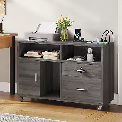 Wood Lateral File Cabinet With Charging Station Mobile Filing Cabinet 2 Drawer • $75.99