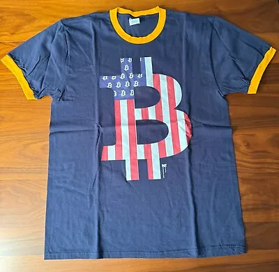 VINTAGE BITCOIN BTC CRYPTO Navy/Gold T-SHIRT PRE-OWNED SIZE LARGE UPC00025 • $0.99