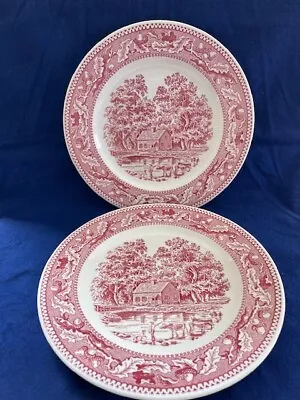 Vintage Royal (USA) Ironstone  Memory Lane  Set Of 2 Dinner Plates Pink Red • $19.98