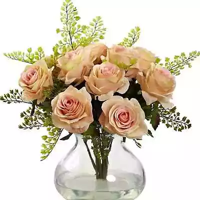 Nearly Natural Rose And Maiden Hair Arrangement With Vase Peach • $42