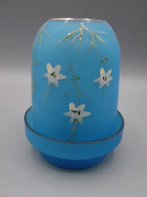 Antique Blue Satin Bristol Glass Floral Decorated Fairy Lamp Matching Base R-143 • $54.99