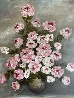 Vintage Style Painting Canvas Floral Still Life Pink Roses Signed 24x20” Shabby • $95