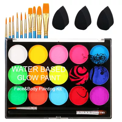 Face Paint Kit 15 Color Face Painting Palette With Pro Paint Brushes Sponges Kit • £5.99