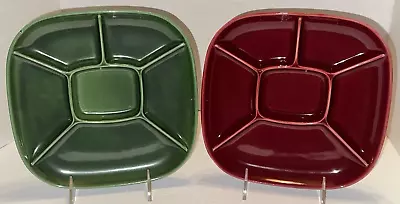 Set Of 2 Vintage MCM Pottery Fondue Sushi Plates Divided Square Green & Maroon • $20