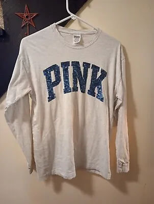 Pink Victoria’s Secret Gray Long Sleeve Shirt Blue Sequins Sz S • $6.99