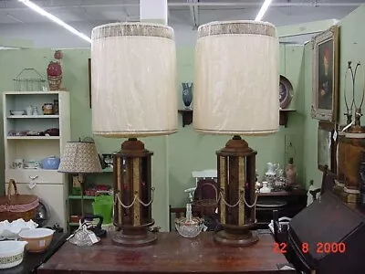 Rare Vtg Pair Mid Century Large Wooden Cork Table Lamps W/ Candle Lights Inside • $99