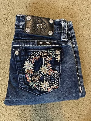 Miss Me Capri Youth Girls Jeans Size 14 Dark Wash Embellehished Peace Sign Bling • $45