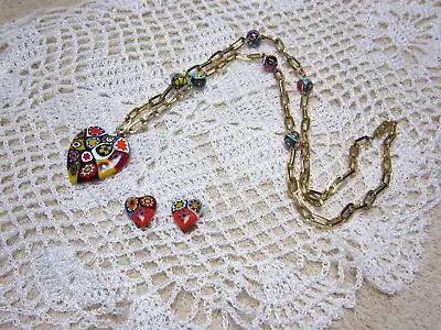 Vintage MURANO GLASS Millefiori Heart Pendant Necklace & Clip Earrings ITALY • $34.99