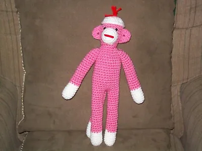 £24.46 • Buy Crochet 13 In Sock Monkey Pink Animal Toy Doll handmade Made To Order