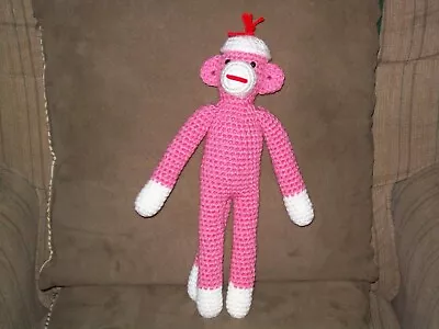 £24.46 • Buy Crochet 13 In Sock Monkey Pink Animal Toy Doll handmade Made To Order