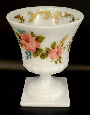 Hand Painted Roses & Forget-Me-Not Milk Glass Urn Vase Planter 1940s S-1I • $50